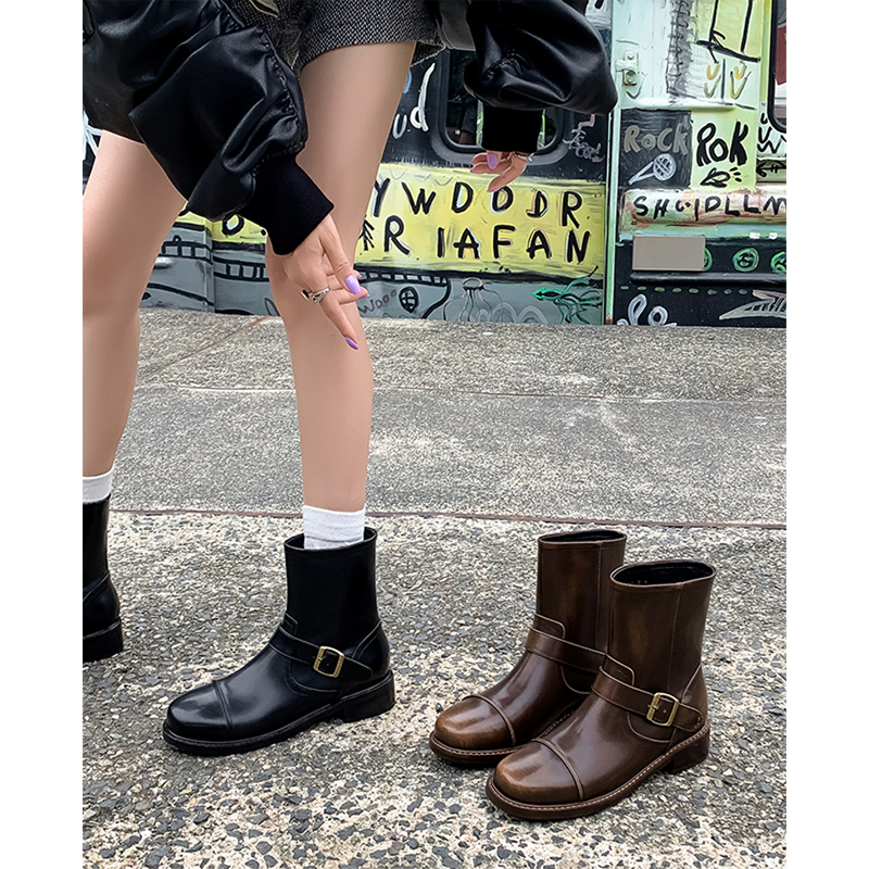 Vintage Distressed Brown Leather Martin Boots for Women - Trendy Short Thick-Soled Western Style Footwear