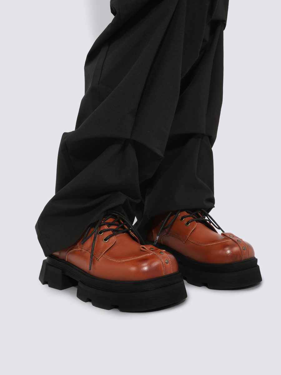 Vintage Distressed Genuine Leather Small Shoes for Women â€“ Slimming Height-Increasing Thick-Soled Footwear for Spring/Summer 2025