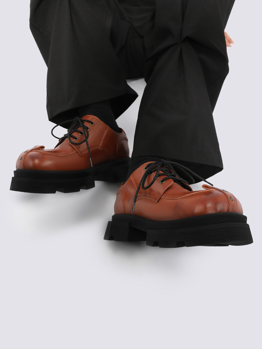 Vintage Distressed Genuine Leather Small Shoes for Women â€“ Slimming Height-Increasing Thick-Soled Footwear for Spring/Summer 2025