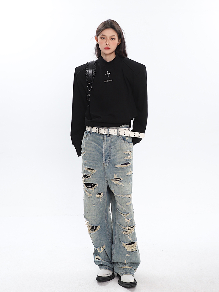 Vintage Distressed High-Waisted Jeans for Women - Ripped Design, Spring Fashion, 90s Inspired Long Pants Vintage Distressed High-Waisted Jeans for Women - Ripped Design, Spring Fashion, 90s Inspired Long Pants