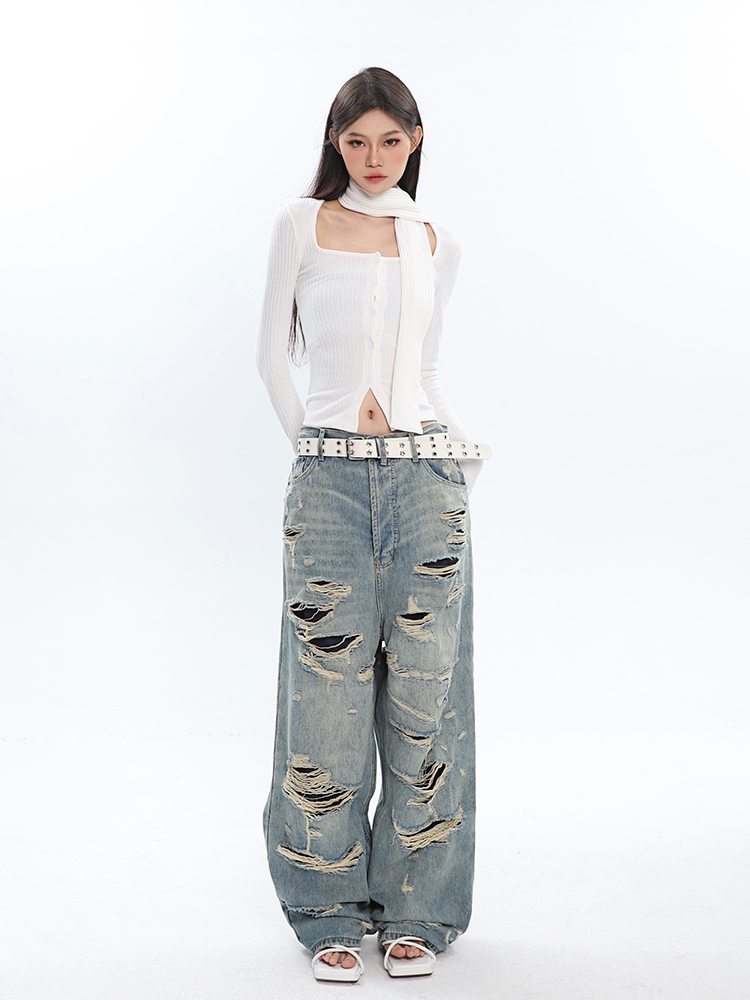 Vintage Distressed High-Waisted Jeans for Women - Ripped Design, Spring Fashion, 90s Inspired Long Pants