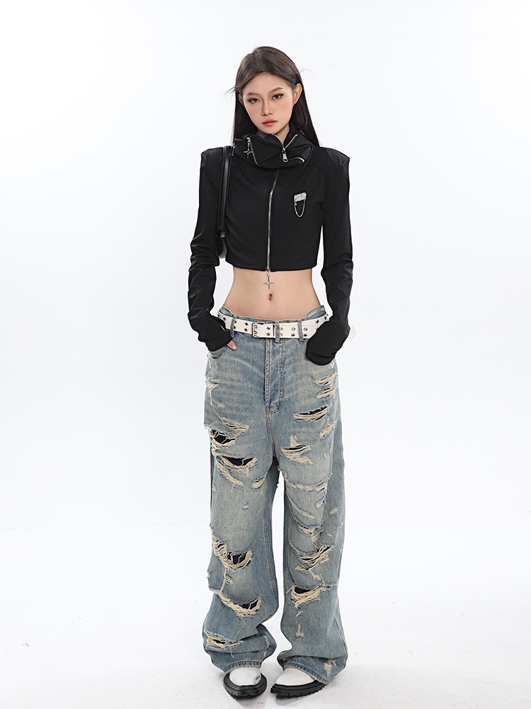 Vintage Distressed High-Waisted Jeans for Women - Ripped Design, Spring Fashion, 90s Inspired Long Pants Vintage Distressed High-Waisted Jeans for Women - Ripped Design, Spring Fashion, 90s Inspired Long Pants