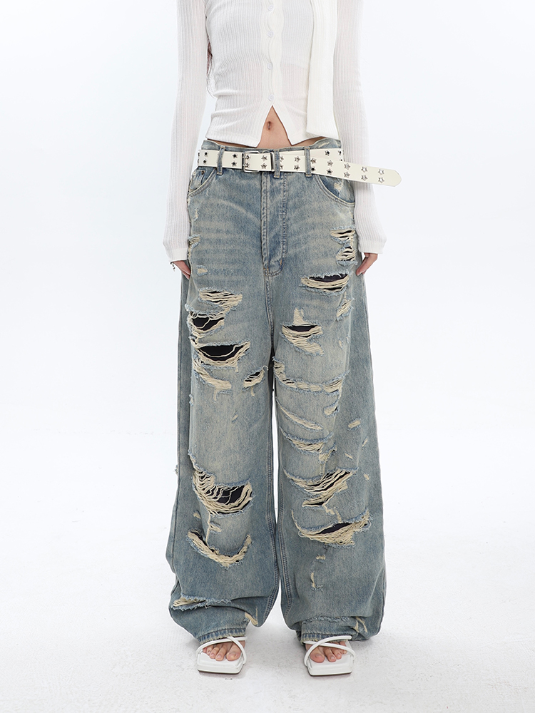 Vintage Distressed High-Waisted Jeans for Women - Ripped Design, Spring Fashion, 90s Inspired Long Pants Vintage Distressed High-Waisted Jeans for Women - Ripped Design, Spring Fashion, 90s Inspired Long Pants