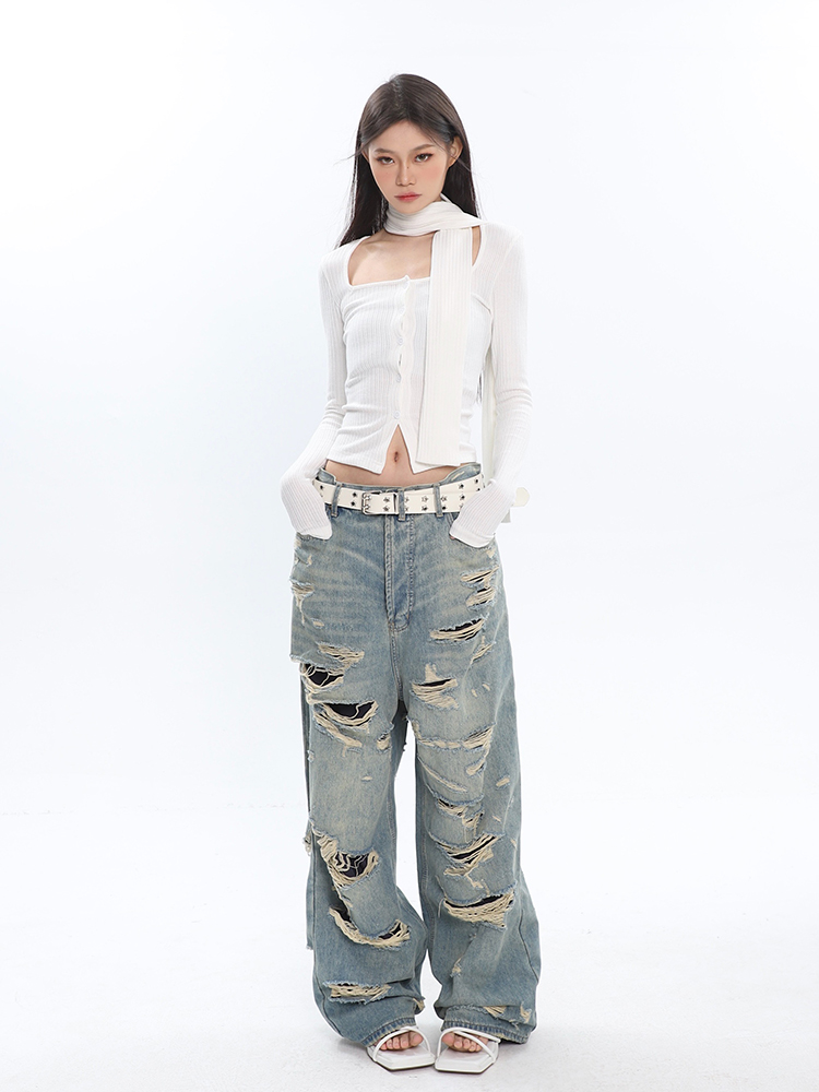 Vintage Distressed High-Waisted Jeans for Women - Ripped Design, Spring Fashion, 90s Inspired Long Pants Vintage Distressed High-Waisted Jeans for Women - Ripped Design, Spring Fashion, 90s Inspired Long Pants