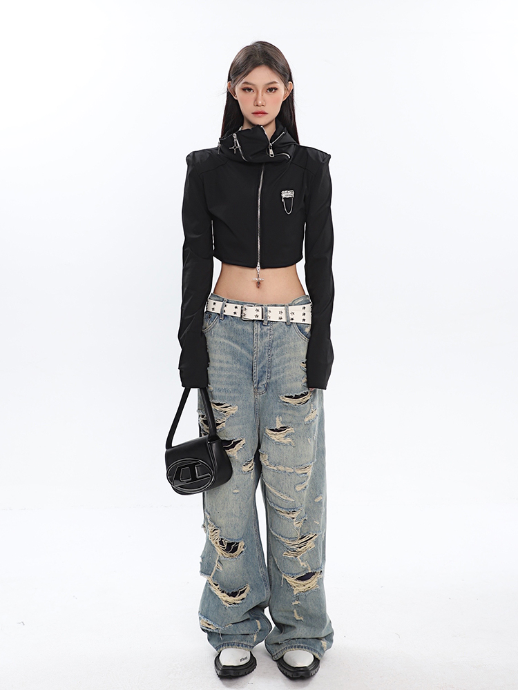 Vintage Distressed High-Waisted Jeans for Women - Ripped Design, Spring Fashion, 90s Inspired Long Pants