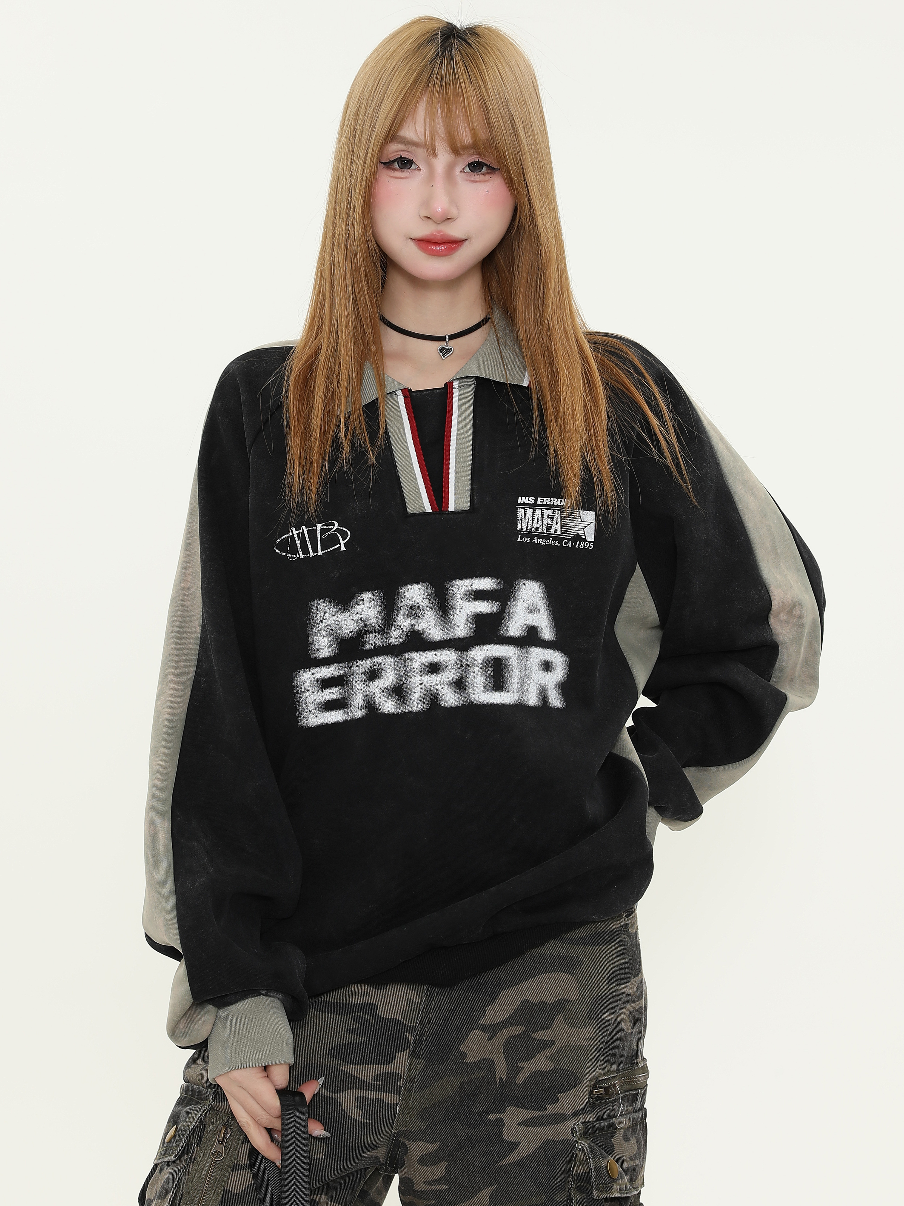 Vintage Distressed Letter Print Polo Shirt for Women - Spring Loose Fit Couple's Polo Top, American Style Fashion