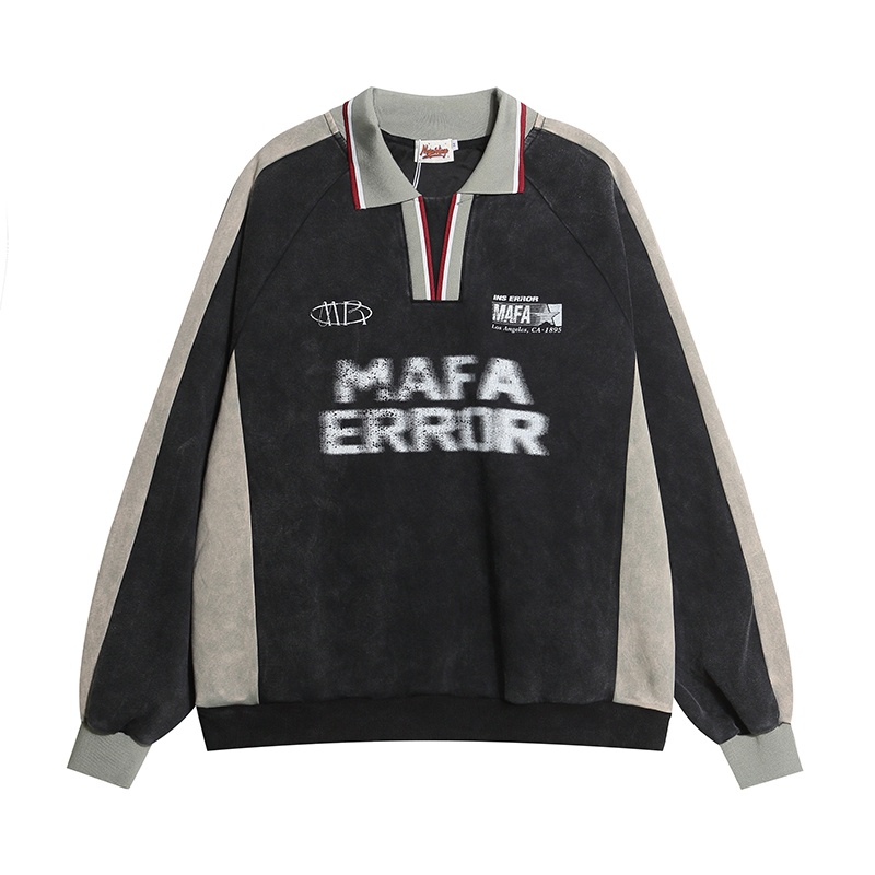 Vintage Distressed Letter Print Polo Shirt for Women - Spring Loose Fit Couple's Polo Top, American Style Fashion