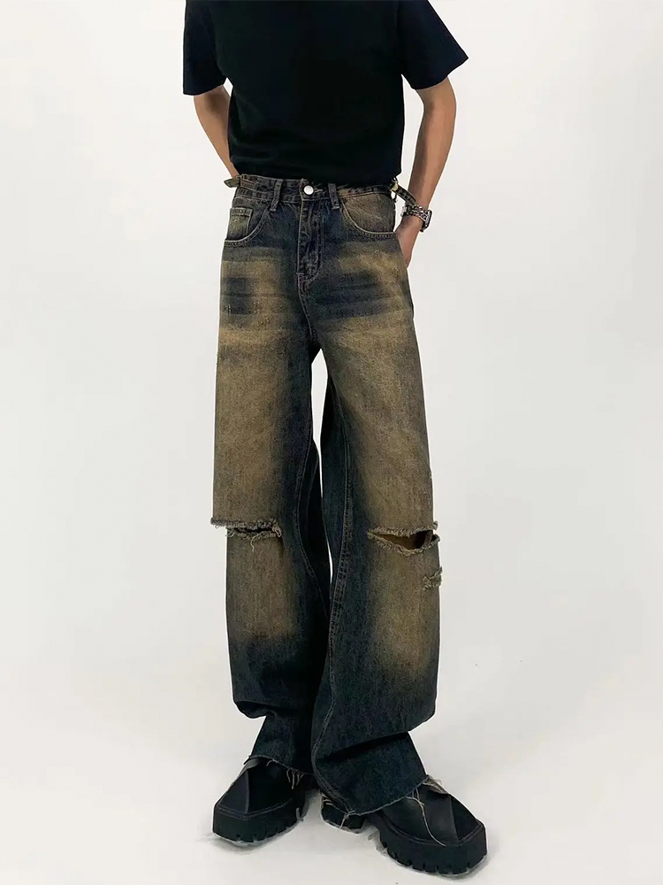 Vintage Distressed Loose Straight Leg Jeans for Men - Washed Floor-Length Casual Pants, 90s Inspired Fashion
