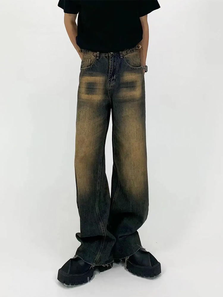 Vintage Distressed Loose Straight Leg Jeans for Men - Washed Floor-Length Casual Pants, 90s Inspired Fashion Vintage Distressed Loose Straight Leg Jeans for Men - Washed Floor-Length Casual Pants, 90s Inspired Fashion