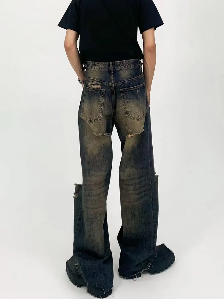 Vintage Distressed Loose Straight Leg Jeans for Men - Washed Floor-Length Casual Pants, 90s Inspired Fashion Vintage Distressed Loose Straight Leg Jeans for Men - Washed Floor-Length Casual Pants, 90s Inspired Fashion