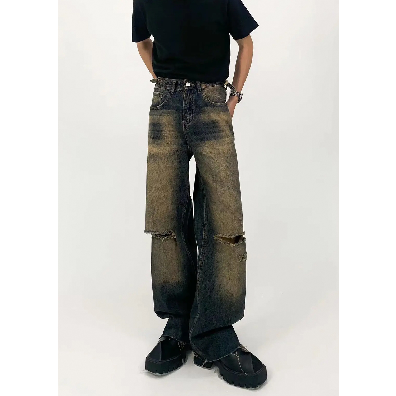 Vintage Distressed Loose Straight Leg Jeans for Men - Washed Floor-Length Casual Pants, 90s Inspired Fashion