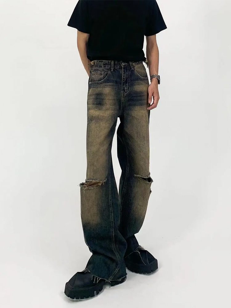 Vintage Distressed Loose Straight Leg Jeans for Men - Washed Floor-Length Casual Pants, 90s Inspired Fashion Vintage Distressed Loose Straight Leg Jeans for Men - Washed Floor-Length Casual Pants, 90s Inspired Fashion