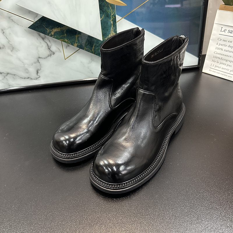 Vintage Distressed Mid-Calf Martin Boots for Women - Chunky Heel, Back Zipper, Versatile Black Cowhide Footwear