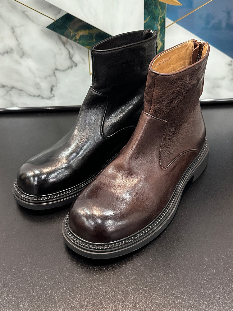 Vintage Distressed Mid-Calf Martin Boots for Women - Chunky Heel, Back Zipper, Versatile Black Cowhide Footwear