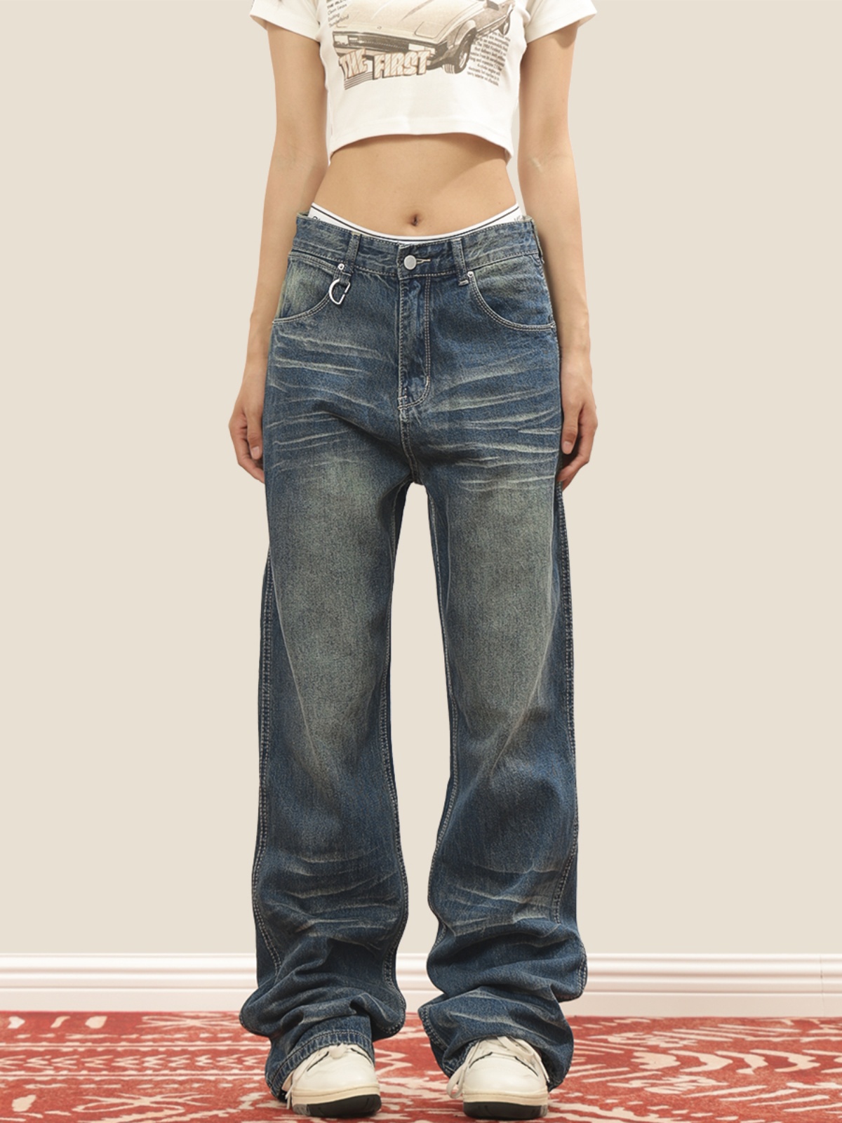 Vintage Distressed Straight-Leg Floor-Length Jeans for Women - Slimming Versatile Wash - European American Style Fashion Pants