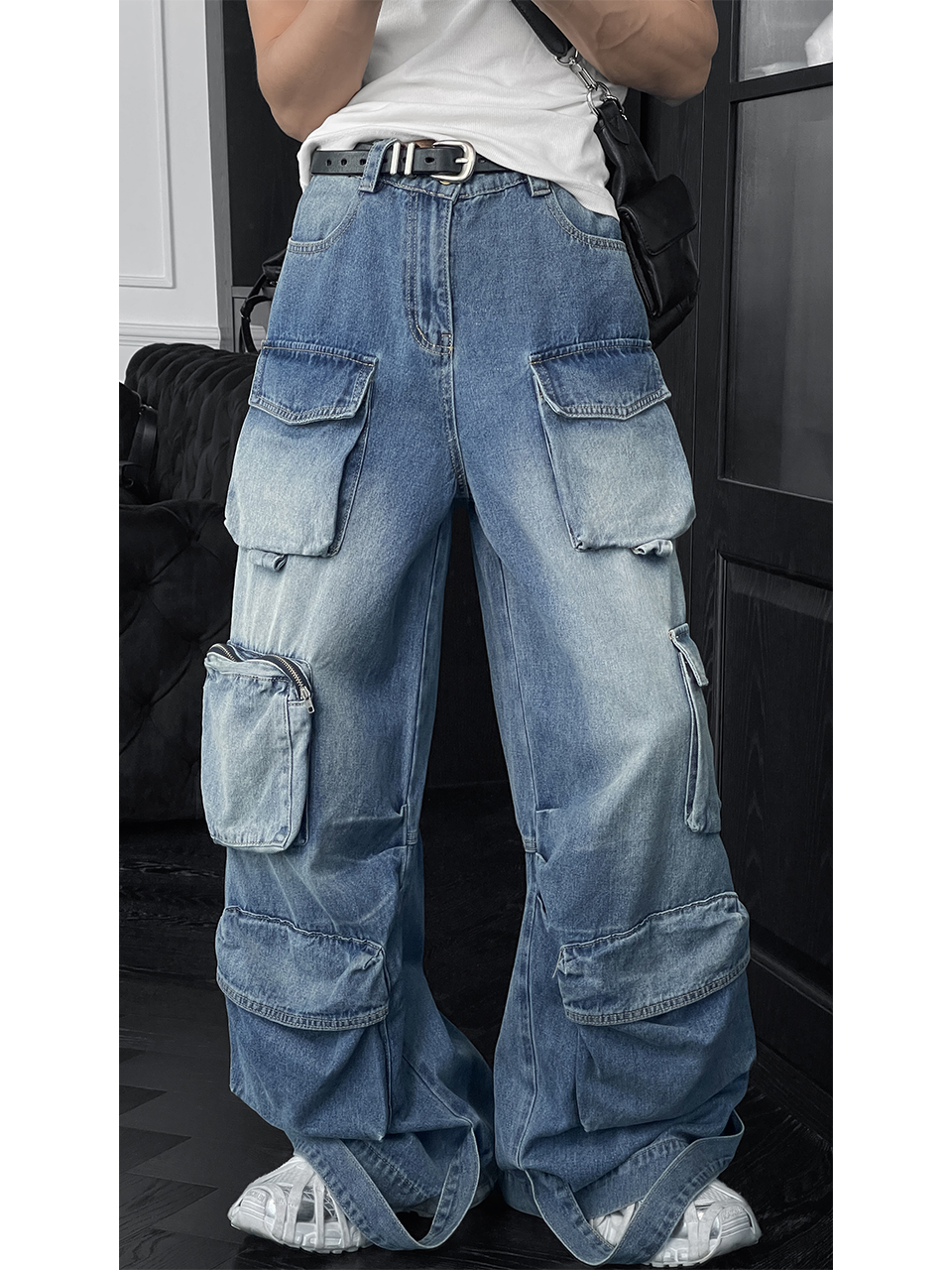 Vintage Distressed Wide-Leg Denim Workwear Pants with Pockets - Summer Trendy Loose Fit for Effortless Style