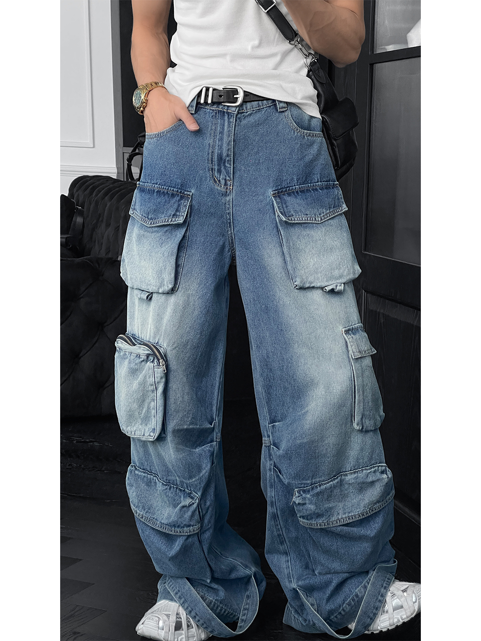 Vintage Distressed Wide-Leg Denim Workwear Pants with Pockets - Summer Trendy Loose Fit for Effortless Style