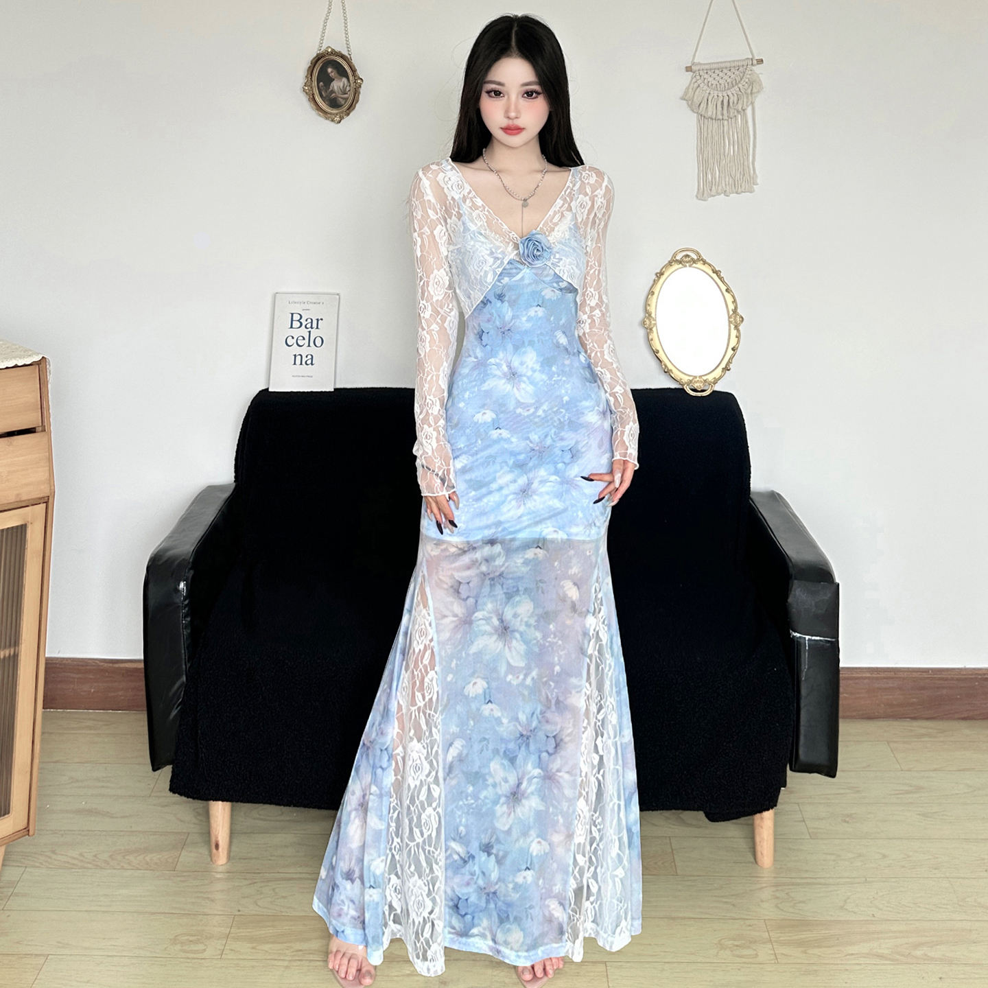 Vintage Elegant Plant Print Cami Dress with Lace Splicing and Lightweight Cardigan, 90s Inspired Garden Party Style