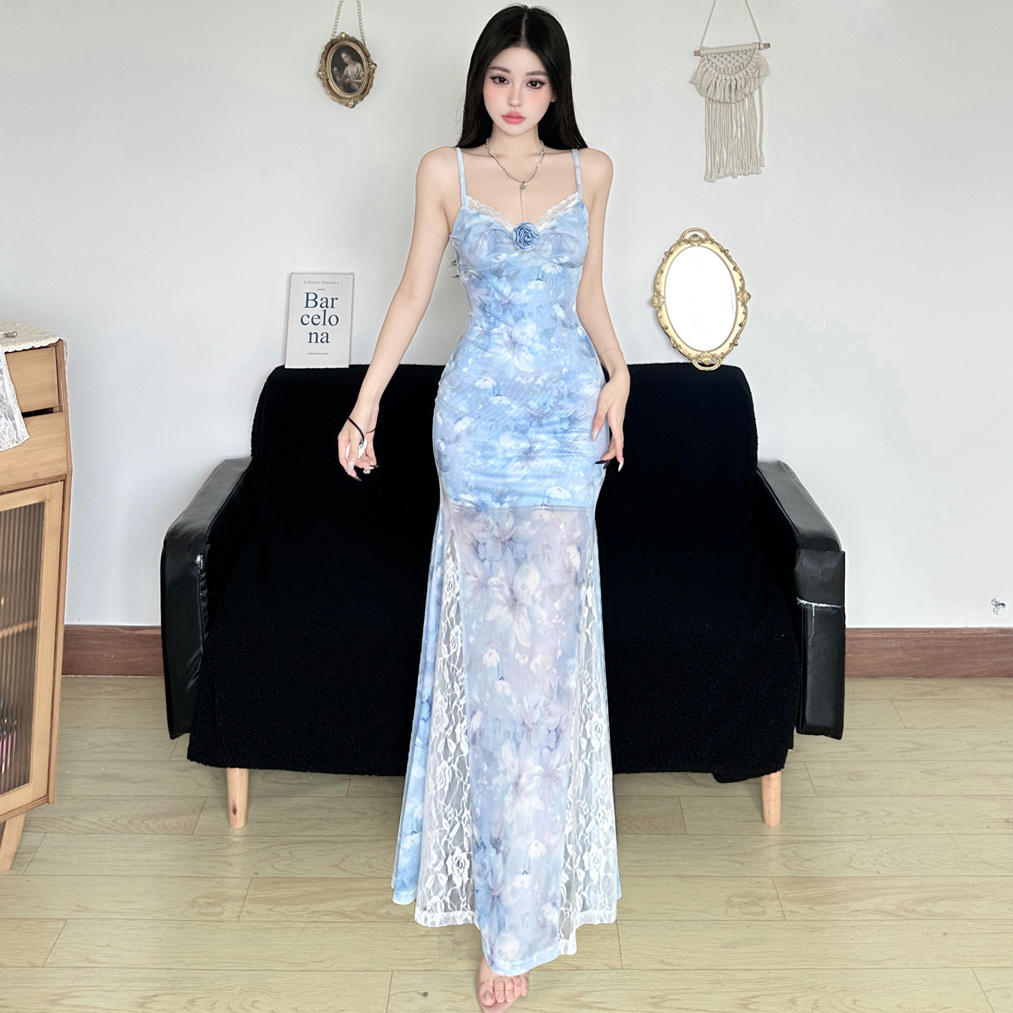 Vintage Elegant Plant Print Cami Dress with Lace Splicing and Lightweight Cardigan, 90s Inspired Garden Party Style