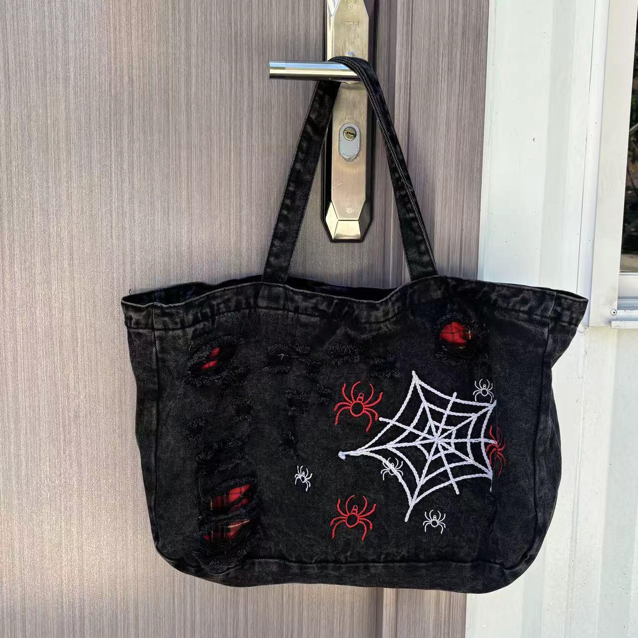 Vintage Embroidered Zipper Denim Tote Bag - Trendy Casual Shoulder Bag for Students & Commuters, Versatile Canvas Design