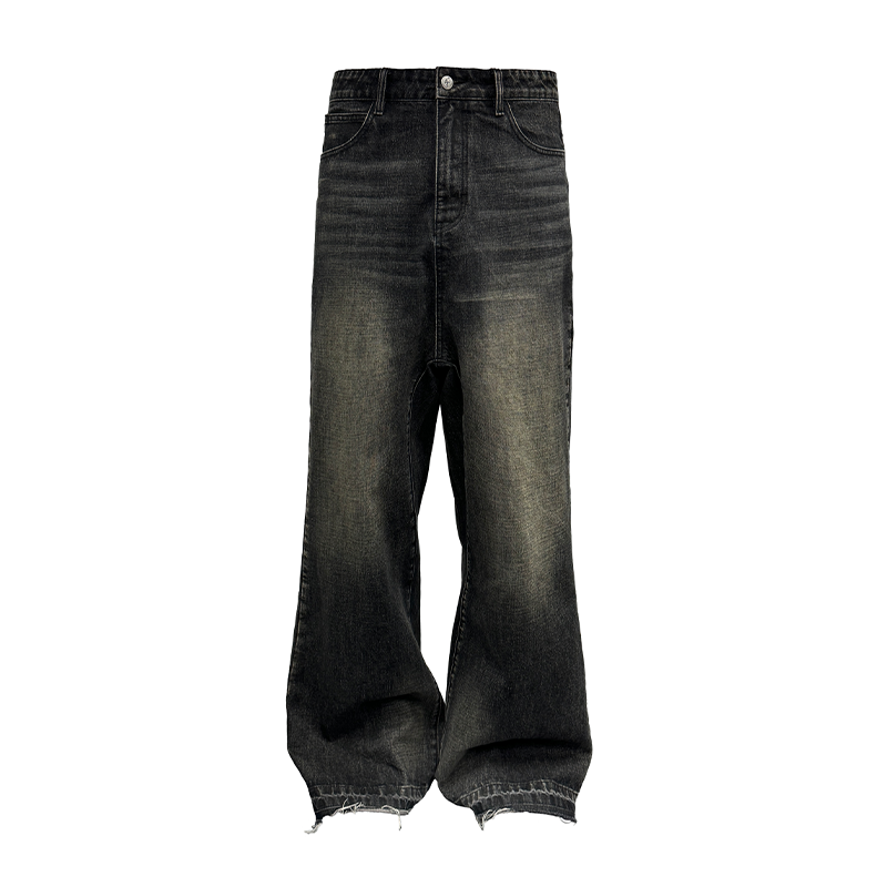 Vintage Faded Low-Crotch Split-Seam Jeans with Natural Whiskers and Micro-Flare Hem - Retro 90s Style Denim Pants