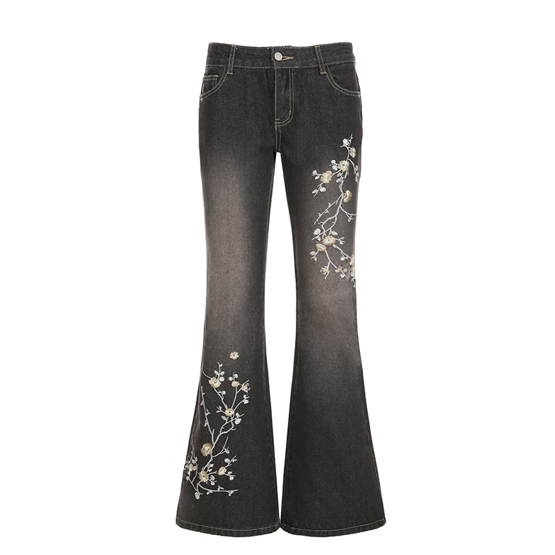 Vintage Floral Embroidered Low-Waist Distressed Slim-Fit Women's Jeans - Y2K American Style