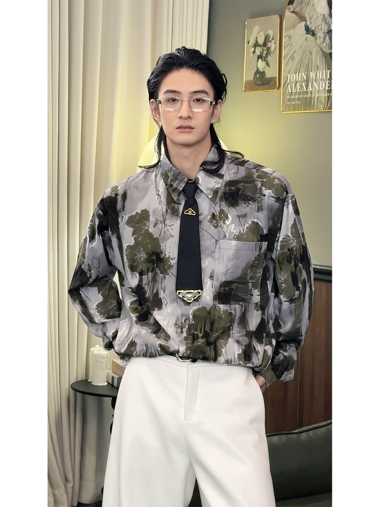 Vintage Floral Ink Wash Long Sleeve Shirt for Men - Spring 2025 American Casual Style, Hong Kong Inspired Fashion