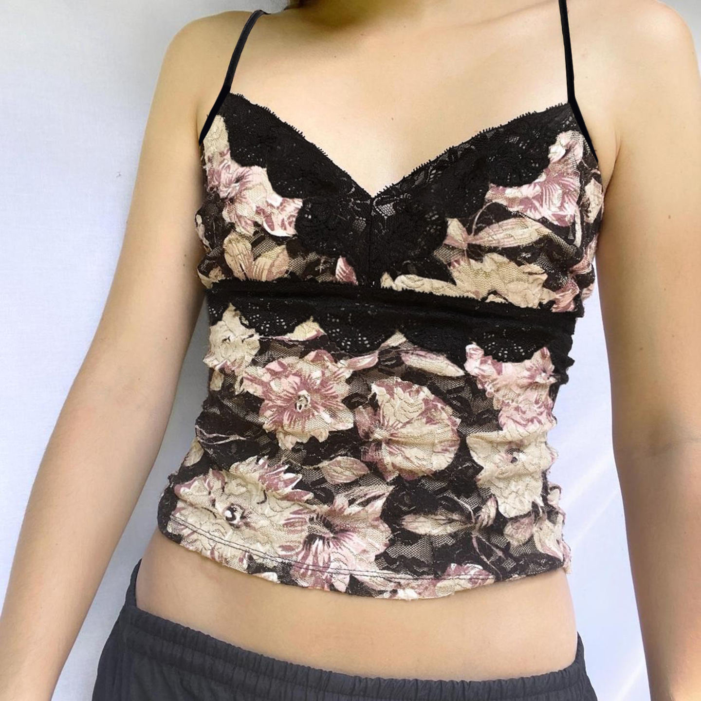 Vintage Floral Lace Patchwork Camisole with Distressed Design - 90s Y2K Inspired Women's Top