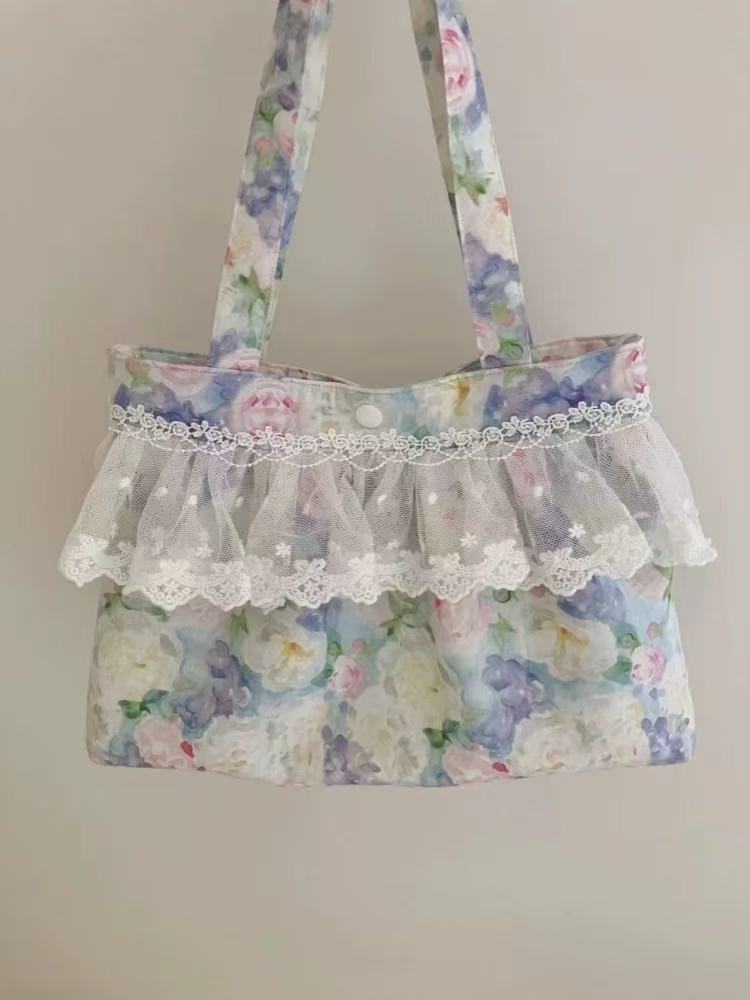 Vintage Floral Lace Trim Handbag - 2025 Country Style Casual Shoulder Bag for Commuting, Versatile Everyday Use