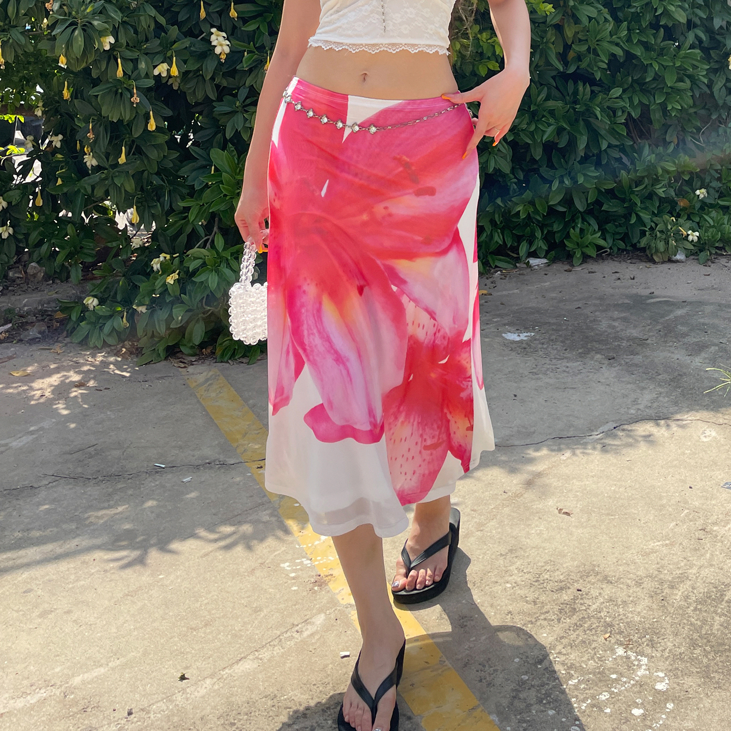 Vintage Floral Low-Waist Midi Skirt - Double-Layer Mesh Bodycon Style, South France Inspired, Y2K Fashion Statement Piece Vintage Floral Low-Waist Midi Skirt - Double-Layer Mesh Bodycon Style, South France Inspired, Y2K Fashion Statement Piece