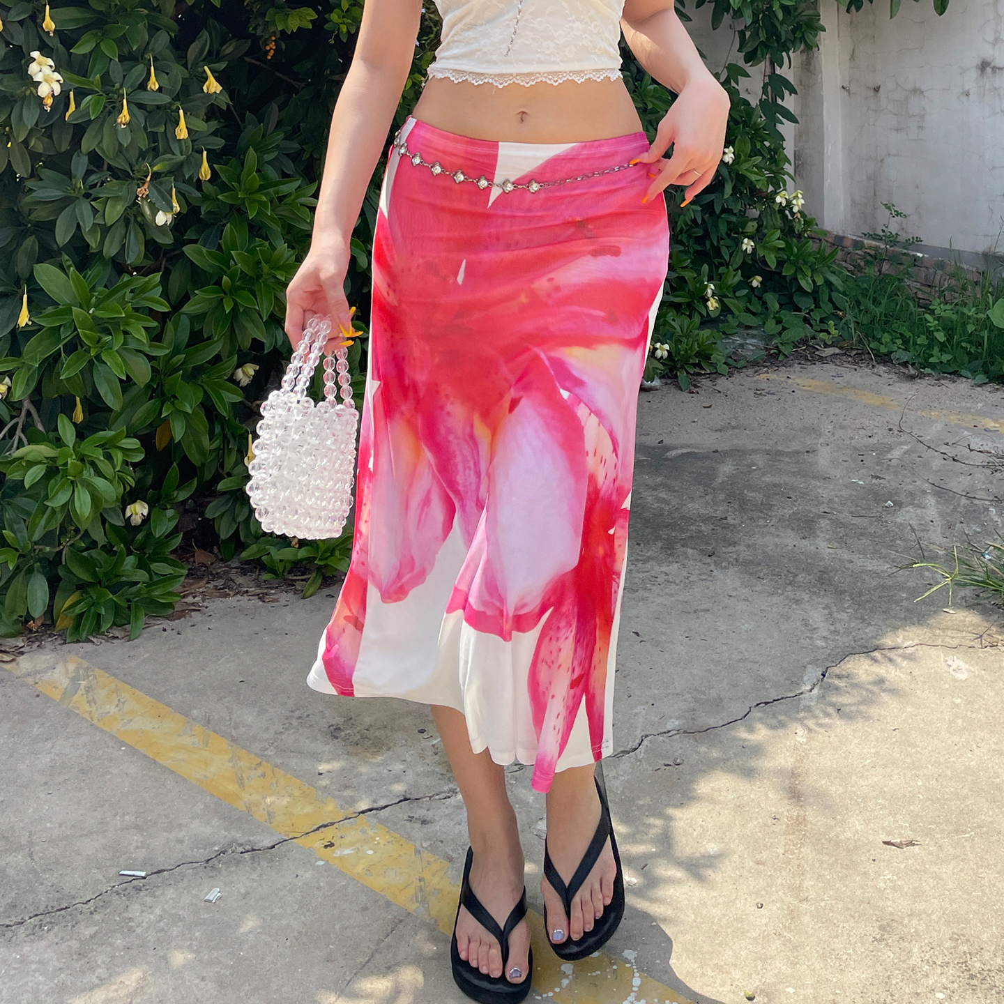 Vintage Floral Low-Waist Midi Skirt - Double-Layer Mesh Bodycon Style, South France Inspired, Y2K Fashion Statement Piece Vintage Floral Low-Waist Midi Skirt - Double-Layer Mesh Bodycon Style, South France Inspired, Y2K Fashion Statement Piece