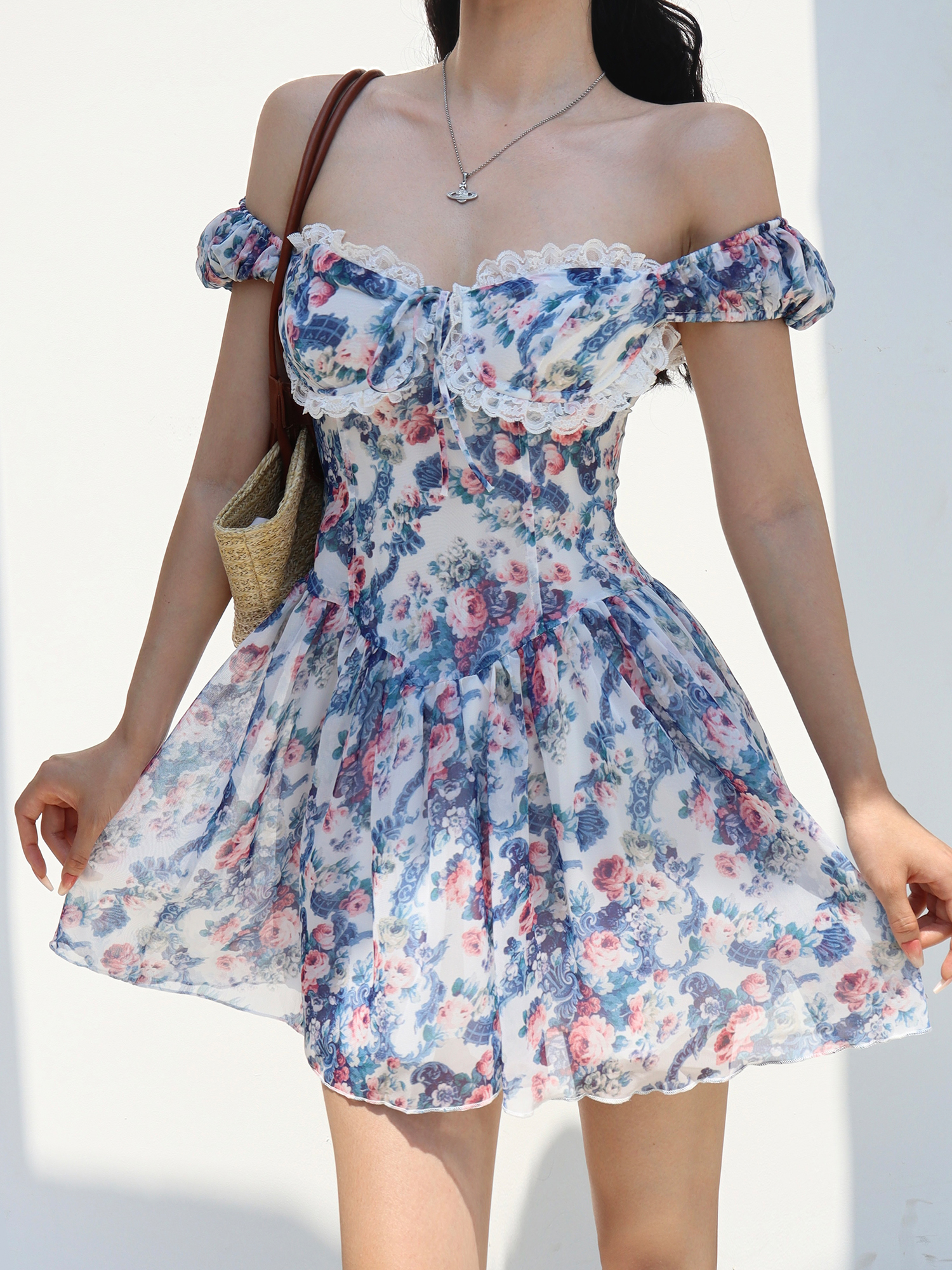 Vintage Floral Print Blue One-Shoulder Dress for Women - Court Lace Short Vacation Skirt, Y2K Style Vintage Floral Print Blue One-Shoulder Dress for Women - Court Lace Short Vacation Skirt, Y2K Style