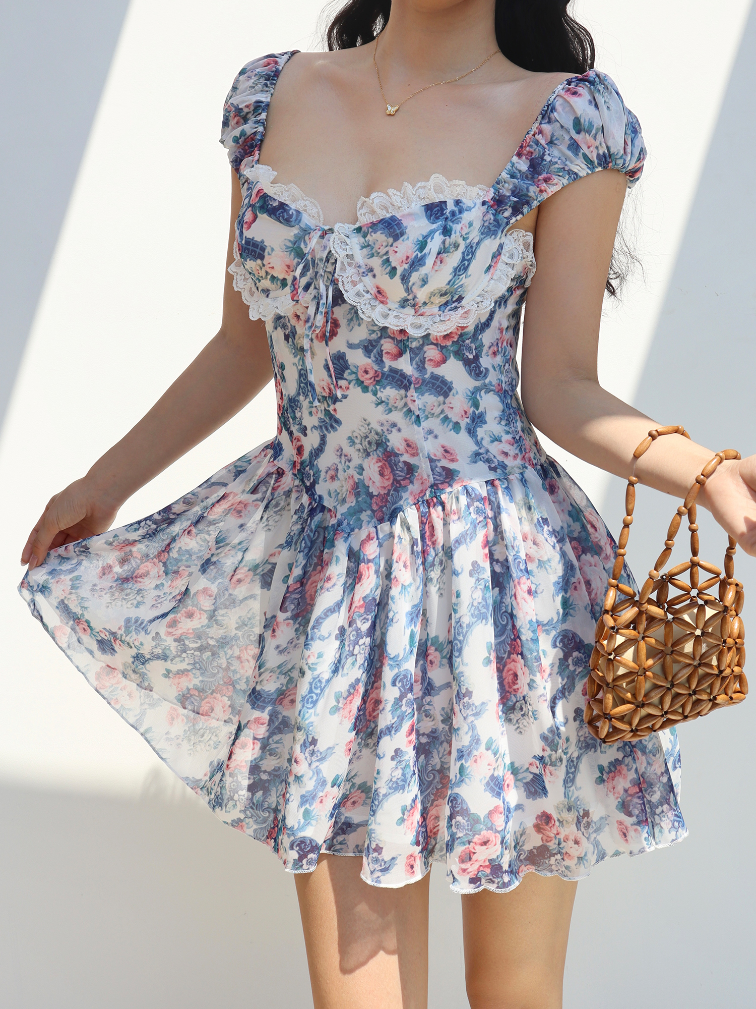 Vintage Floral Print Blue One-Shoulder Dress for Women - Court Lace Short Vacation Skirt, Y2K Style Vintage Floral Print Blue One-Shoulder Dress for Women - Court Lace Short Vacation Skirt, Y2K Style