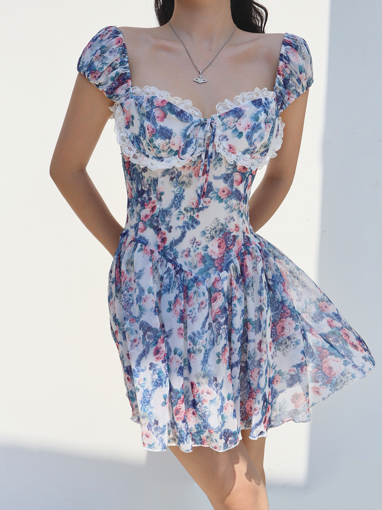 Vintage Floral Print Blue One-Shoulder Dress for Women - Court Lace Short Vacation Skirt, Y2K Style Vintage Floral Print Blue One-Shoulder Dress for Women - Court Lace Short Vacation Skirt, Y2K Style