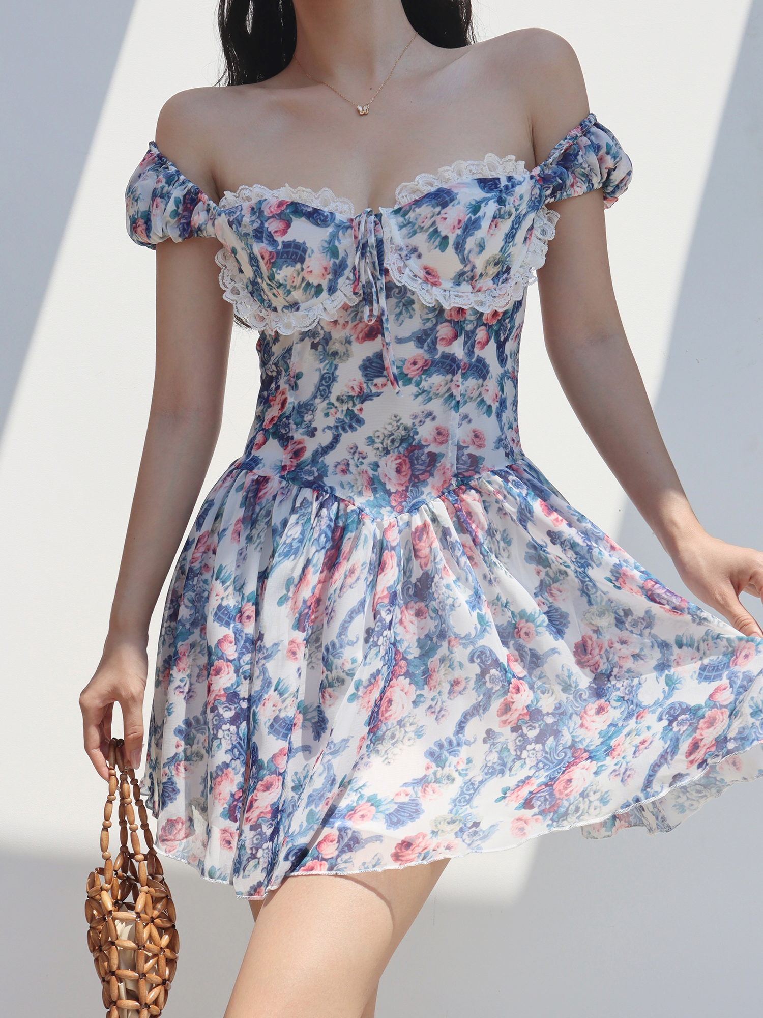 Vintage Floral Print Blue One-Shoulder Dress for Women - Court Lace Short Vacation Skirt, Y2K Style