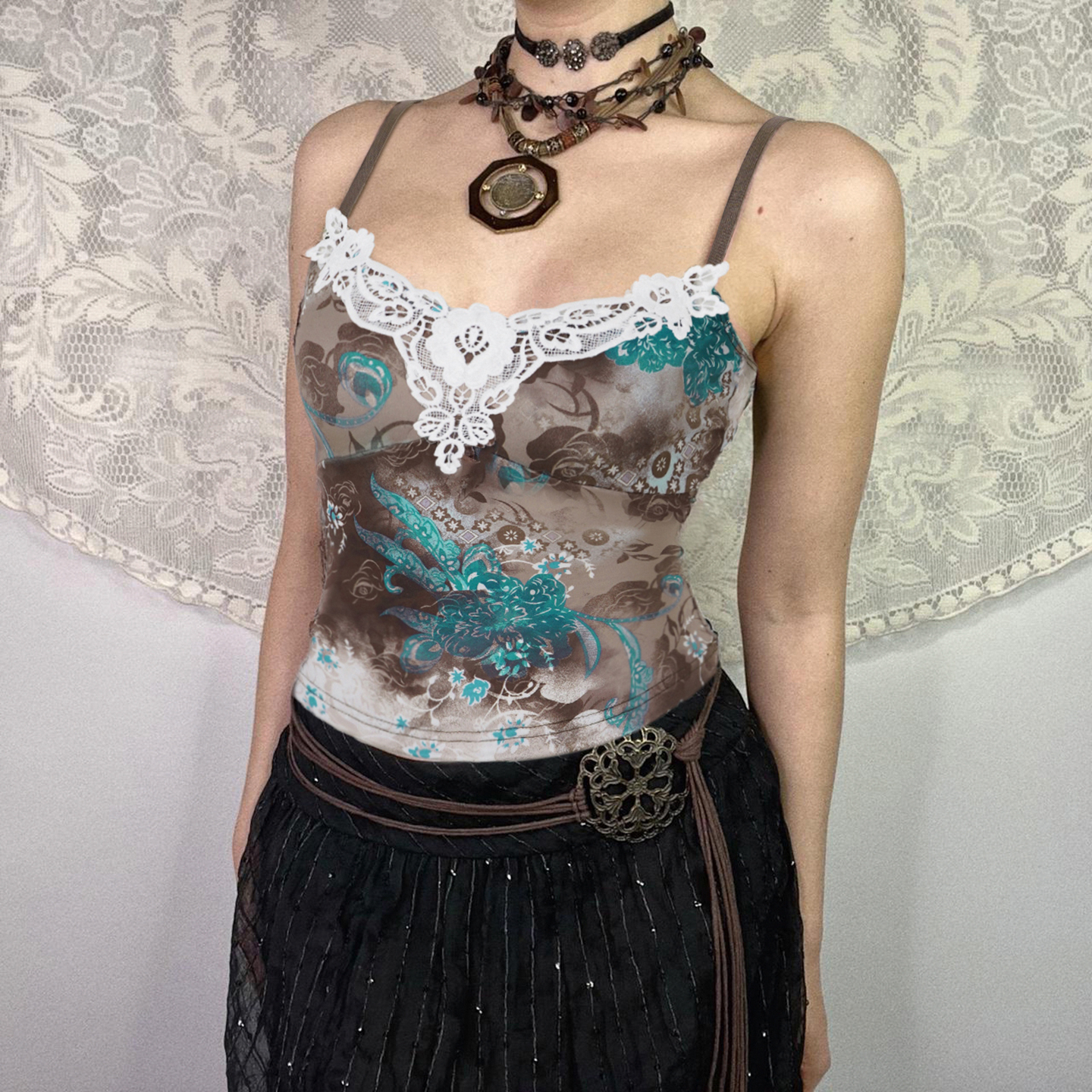 Vintage Folk Color-Block Printed Lace Spliced Camisole Slim-Fit Top for Y2K and 90s Style Fashion