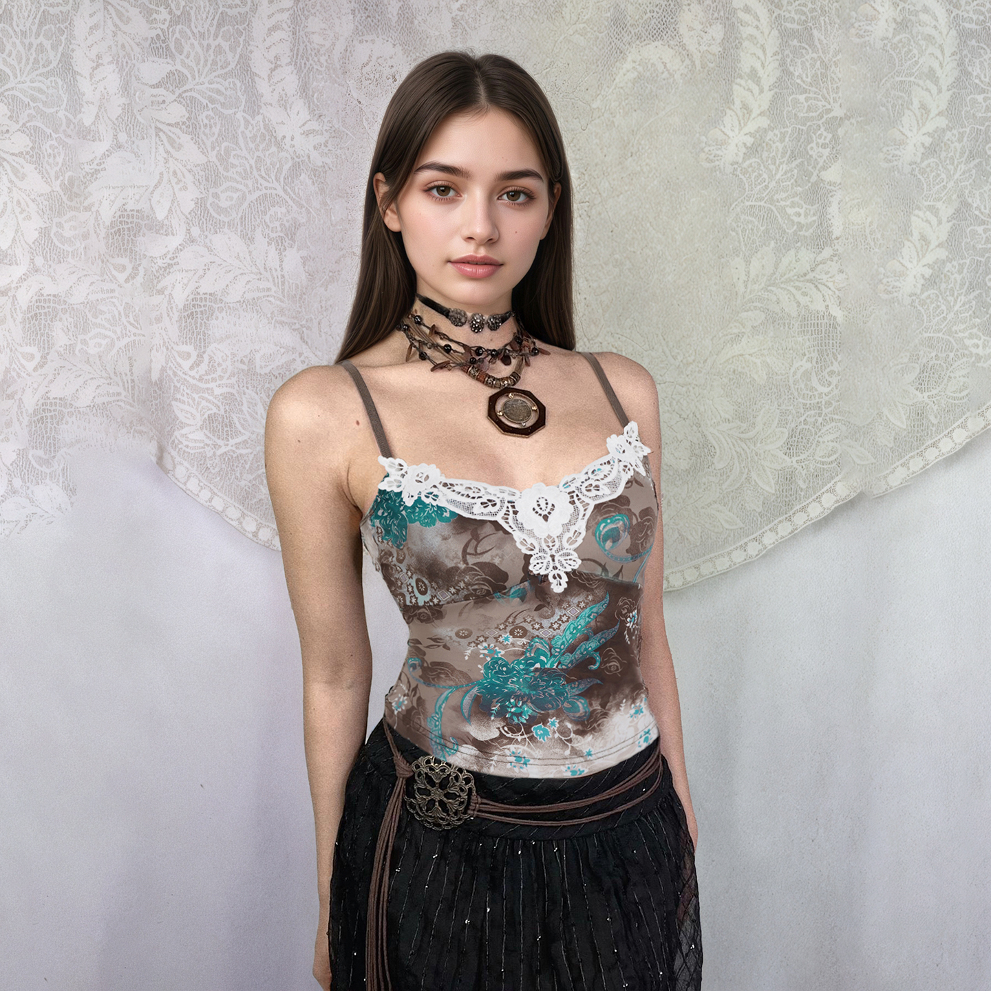 Vintage Folk Color-Block Printed Lace Spliced Camisole Slim-Fit Top for Y2K and 90s Style Fashion