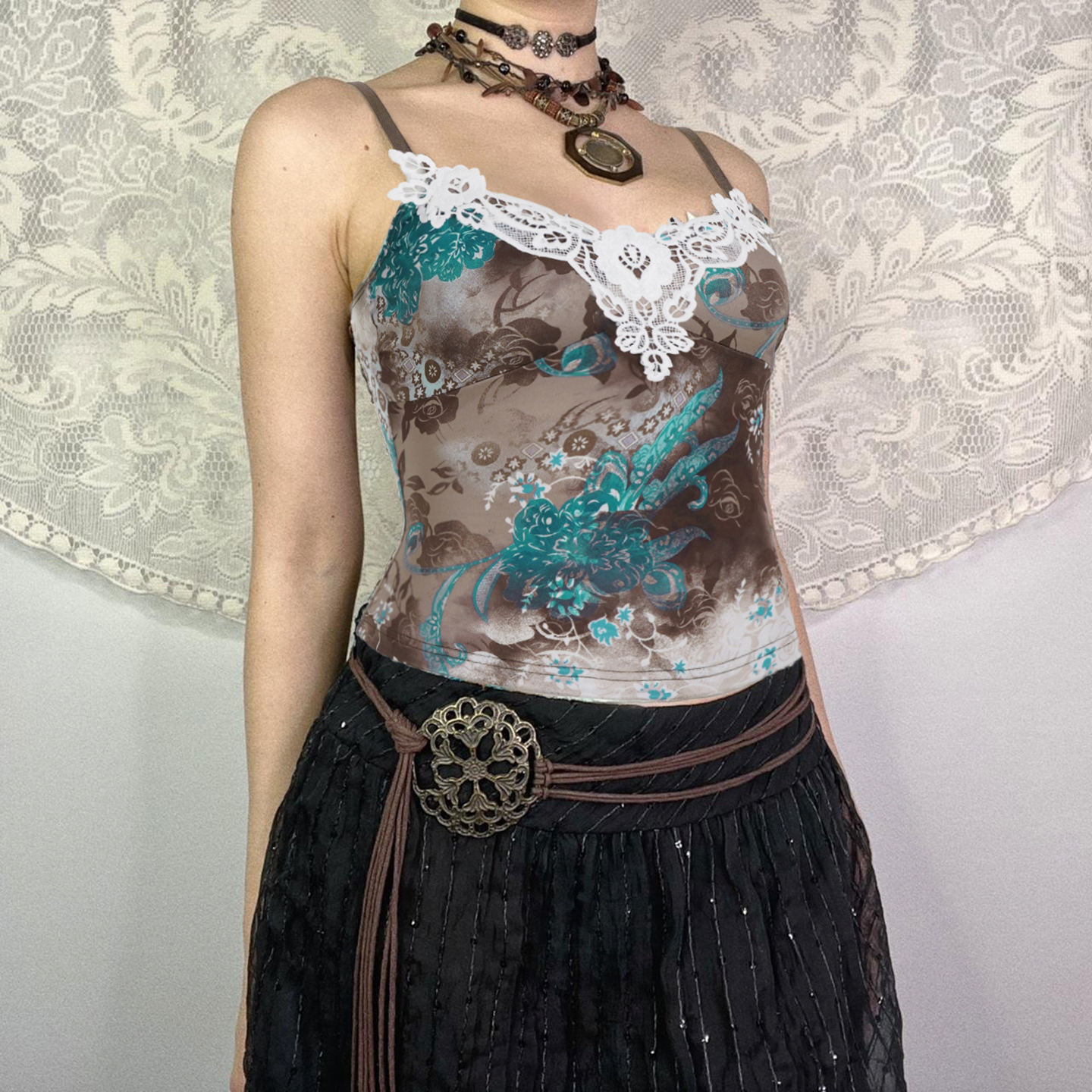 Vintage Folk Color-Block Printed Lace Spliced Camisole Slim-Fit Top for Y2K and 90s Style Fashion