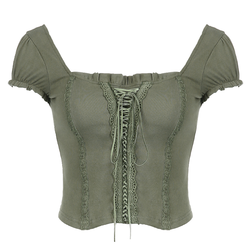 Vintage Forest Style Lace Trim Flutter Sleeve Square Neck T-Shirt - Slim Fit Versatile Tie Top for Y2K and 90s Inspired Fashion