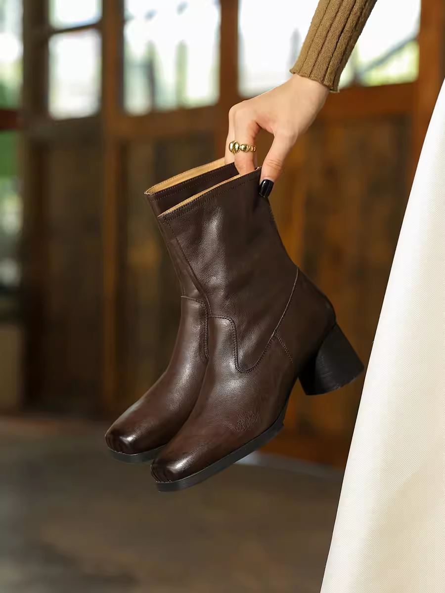 Vintage French Chunky Heel Ankle Boots for Women - Genuine Leather Mid-Calf Winter Boots - Slim Fit Retro Style