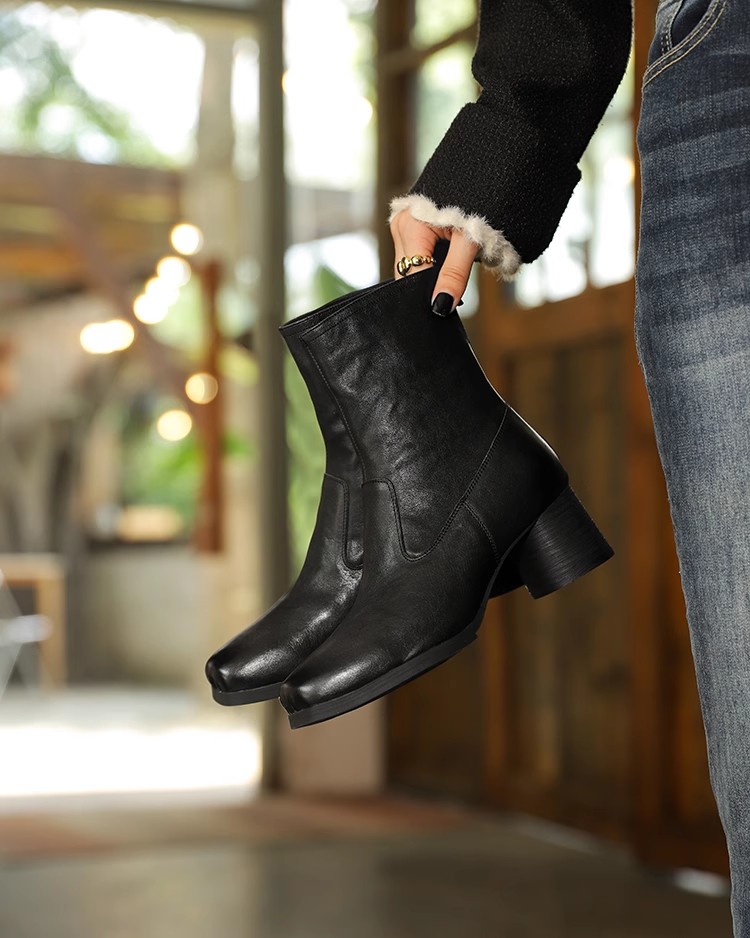 Vintage French Chunky Heel Ankle Boots for Women - Genuine Leather Mid-Calf Winter Boots - Slim Fit Retro Style
