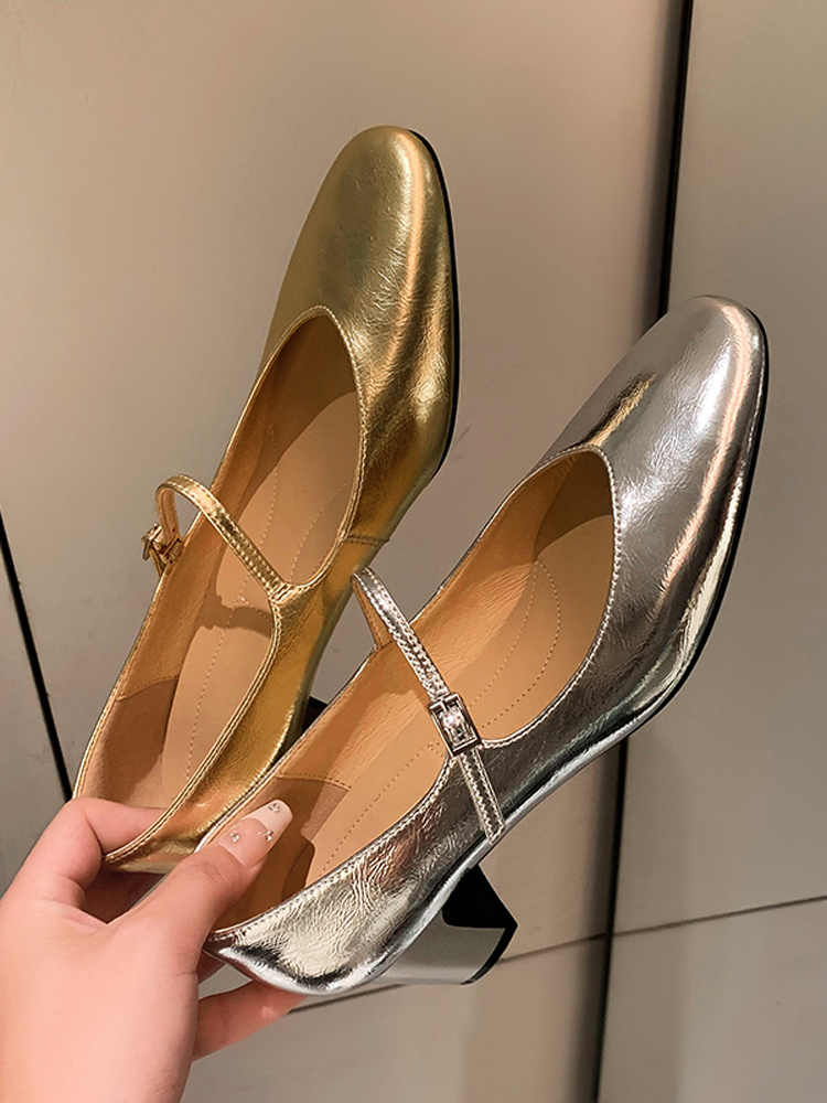 Vintage French Genuine Leather One-Strap Mary Jane Ballet Chunky High Heels in Silver and Gold for Women