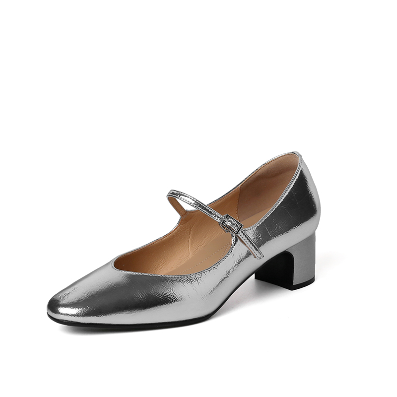 Vintage French Genuine Leather One-Strap Mary Jane Ballet Chunky High Heels in Silver and Gold for Women Vintage French Genuine Leather One-Strap Mary Jane Ballet Chunky High Heels in Silver and Gold for Women