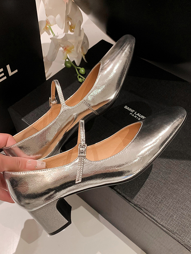 Vintage French Genuine Leather One-Strap Mary Jane Ballet Chunky High Heels in Silver and Gold for Women Vintage French Genuine Leather One-Strap Mary Jane Ballet Chunky High Heels in Silver and Gold for Women
