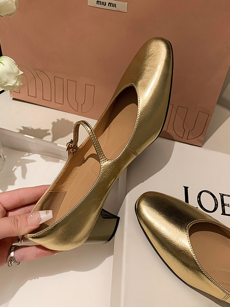 Vintage French Genuine Leather One-Strap Mary Jane Ballet Chunky High Heels in Silver and Gold for Women Vintage French Genuine Leather One-Strap Mary Jane Ballet Chunky High Heels in Silver and Gold for Women