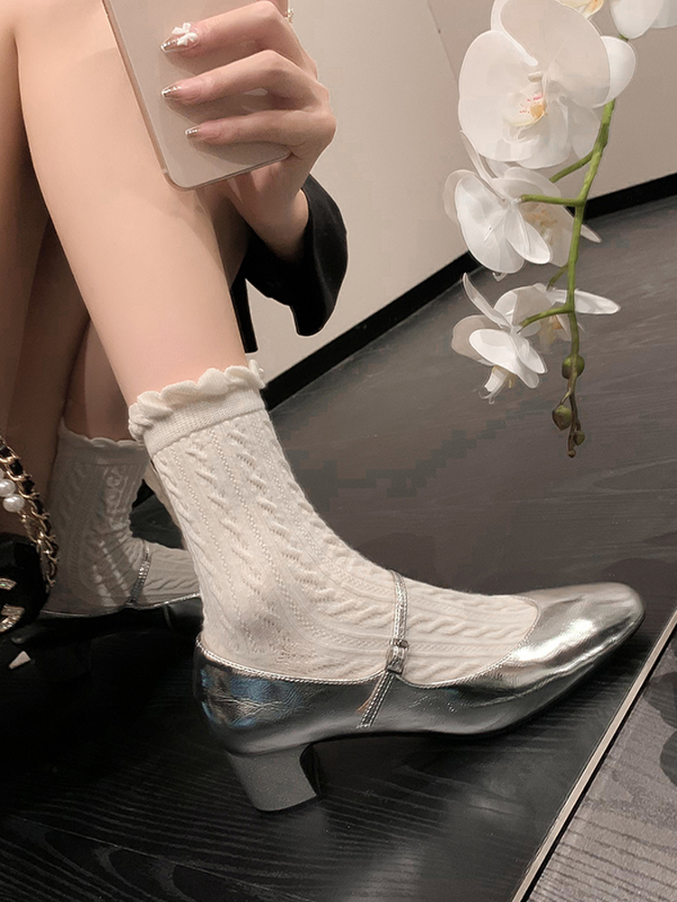 Vintage French Genuine Leather One-Strap Mary Jane Ballet Chunky High Heels in Silver and Gold for Women Vintage French Genuine Leather One-Strap Mary Jane Ballet Chunky High Heels in Silver and Gold for Women