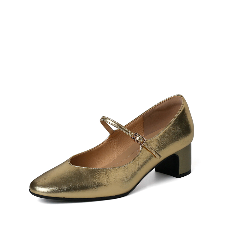 Vintage French Genuine Leather One-Strap Mary Jane Ballet Chunky High Heels in Silver and Gold for Women