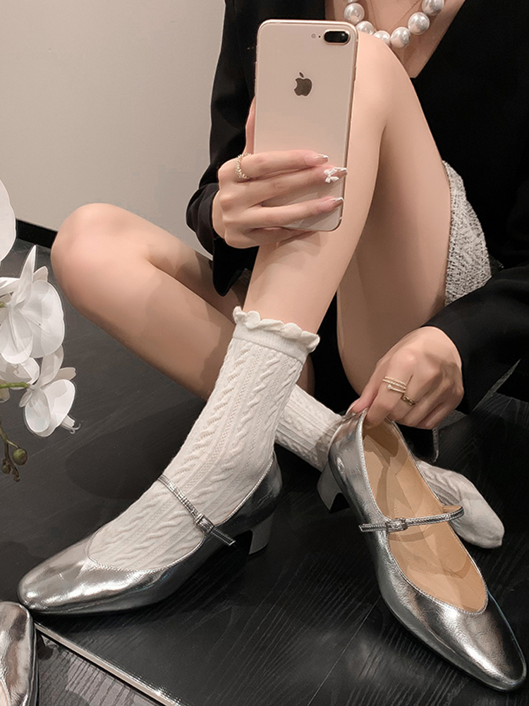 Vintage French Genuine Leather One-Strap Mary Jane Ballet Chunky High Heels in Silver and Gold for Women Vintage French Genuine Leather One-Strap Mary Jane Ballet Chunky High Heels in Silver and Gold for Women