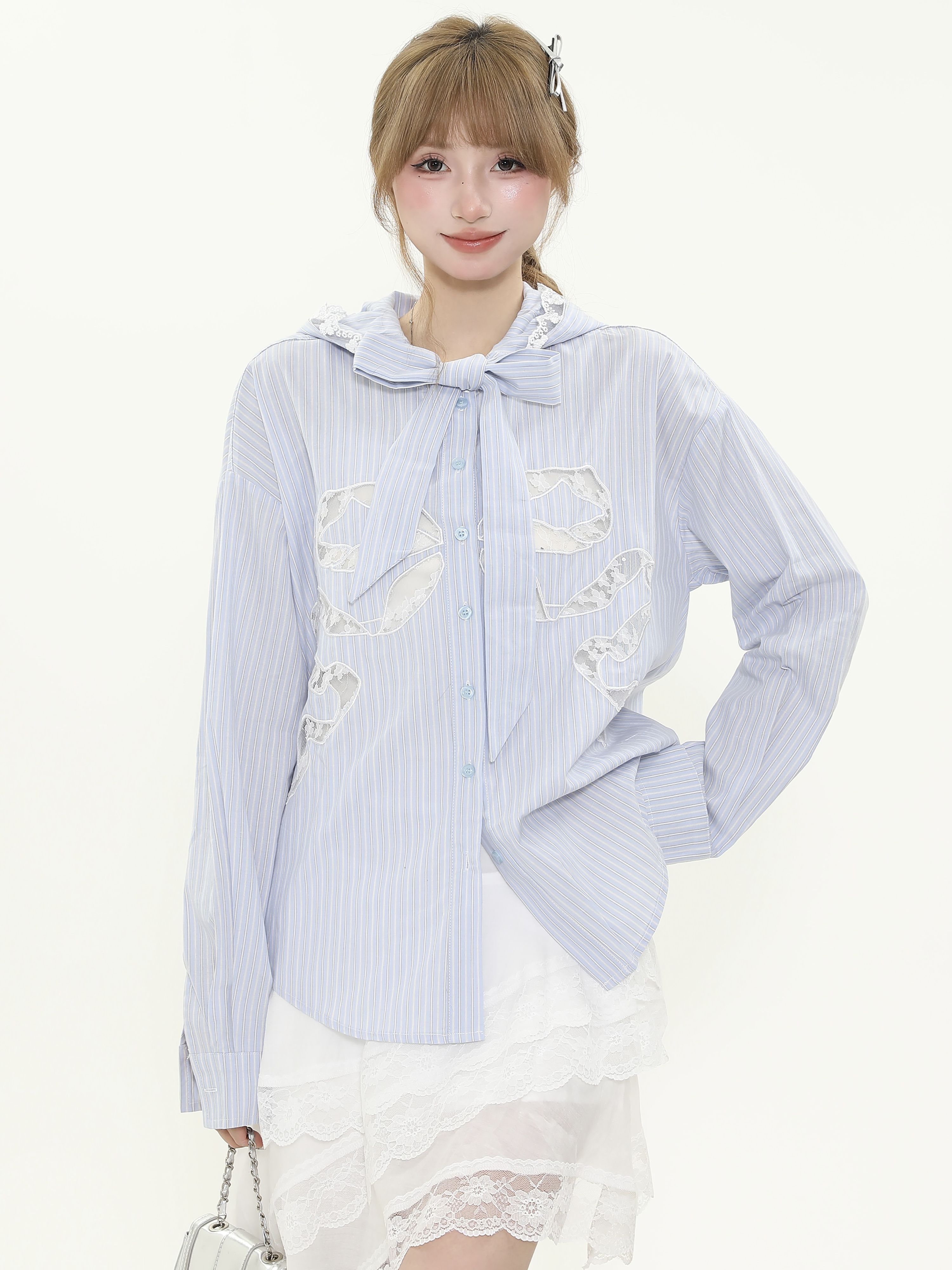 Vintage French Hollow Lace Bow Blue Striped Shirt - Women's Spring Tie Jacket in 90s Retro Style