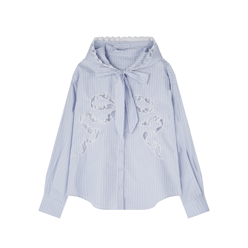 Vintage French Hollow Lace Bow Blue Striped Shirt - Women's Spring Tie Jacket in 90s Retro Style